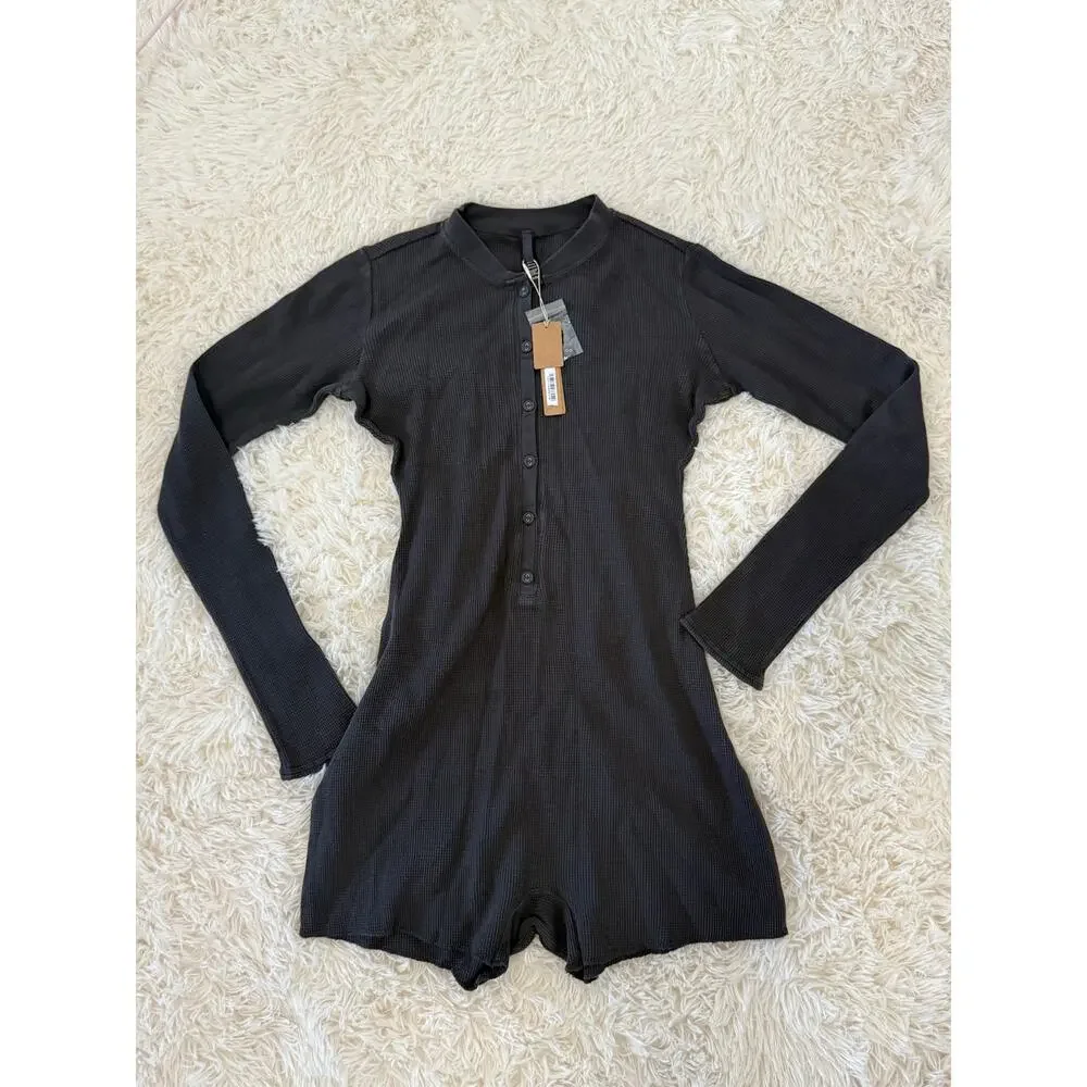 NWT Skims Waffle Button-Up Henley Onesie Ash Size S